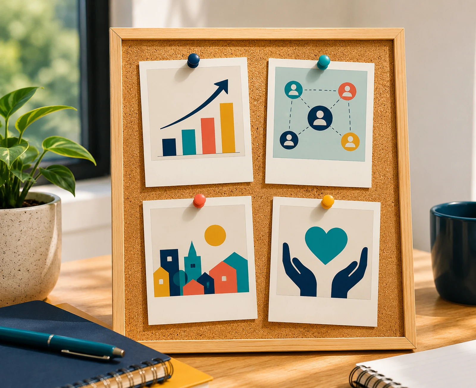 A pinboard of cards illustrating growth, a connected referral network, community, and compassionate care