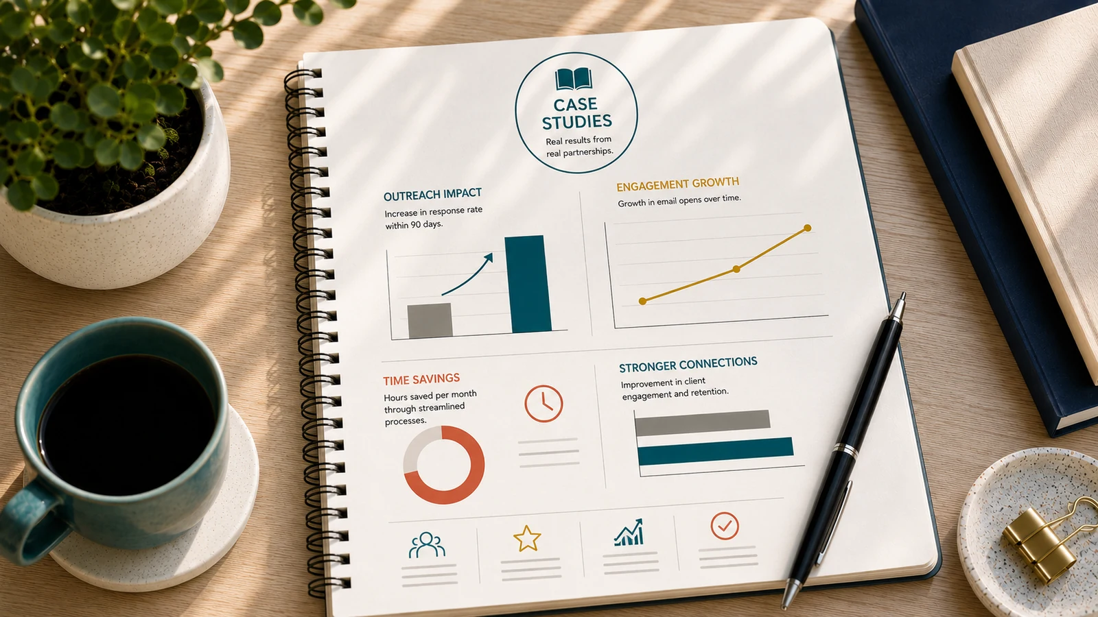 Case studies notebook displaying outreach, engagement, time-saving, and connection graphics