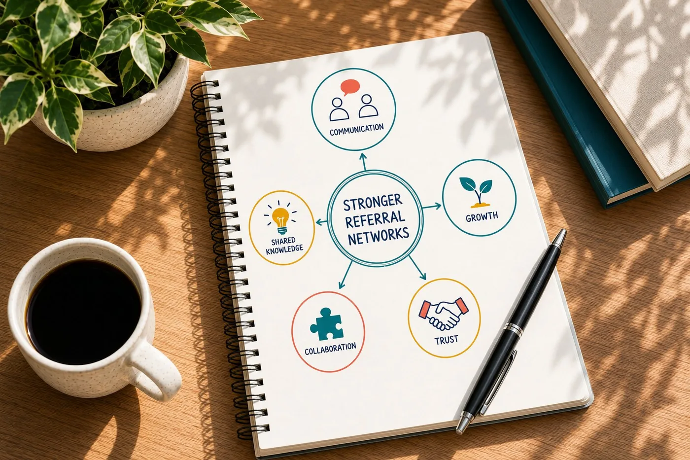 Stronger referral networks mind-map — communication, growth, trust, collaboration, shared knowledge