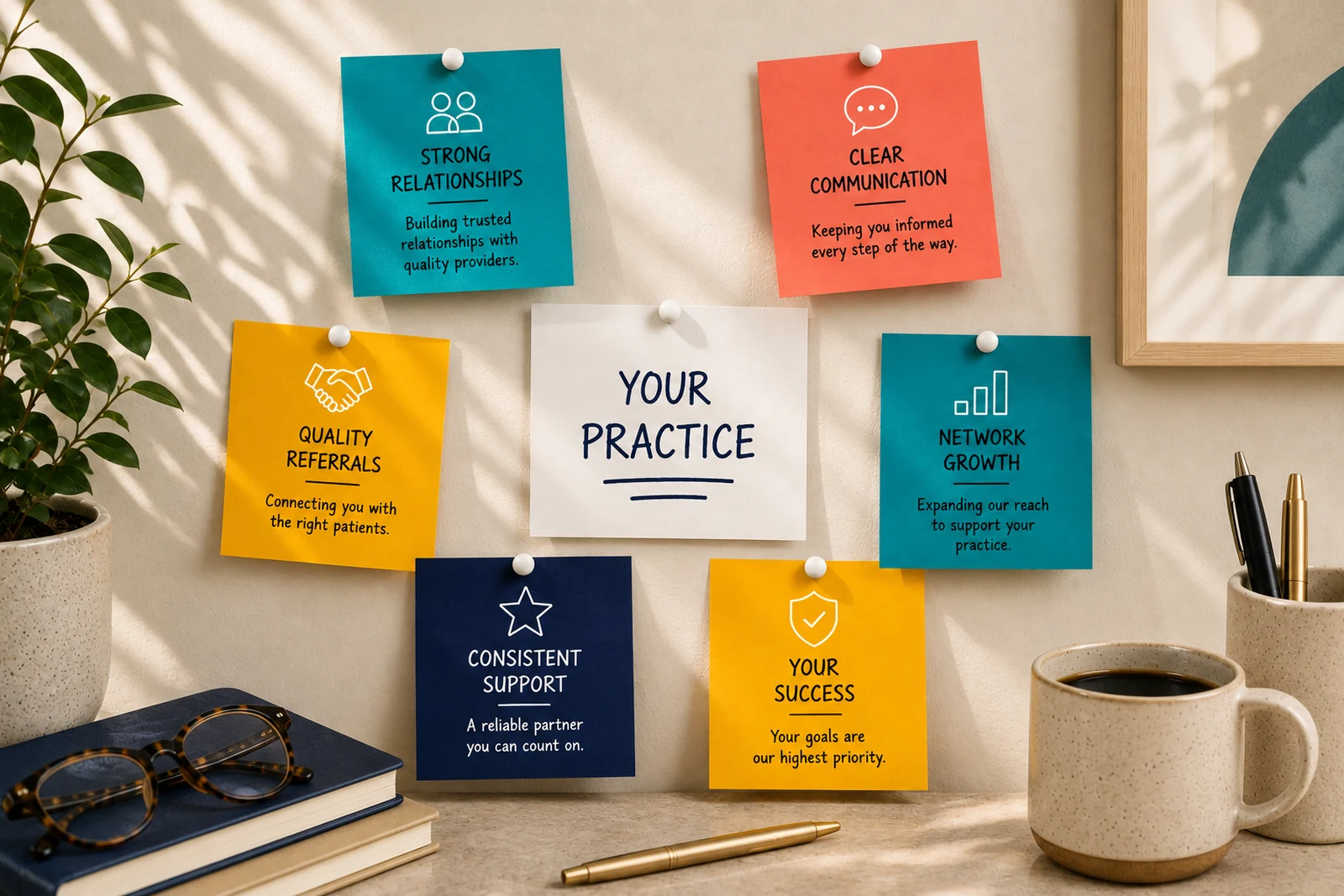Your practice at the center of sticky notes highlighting strong relationships, clear communication, quality referrals, network growth, consistent support, and your success