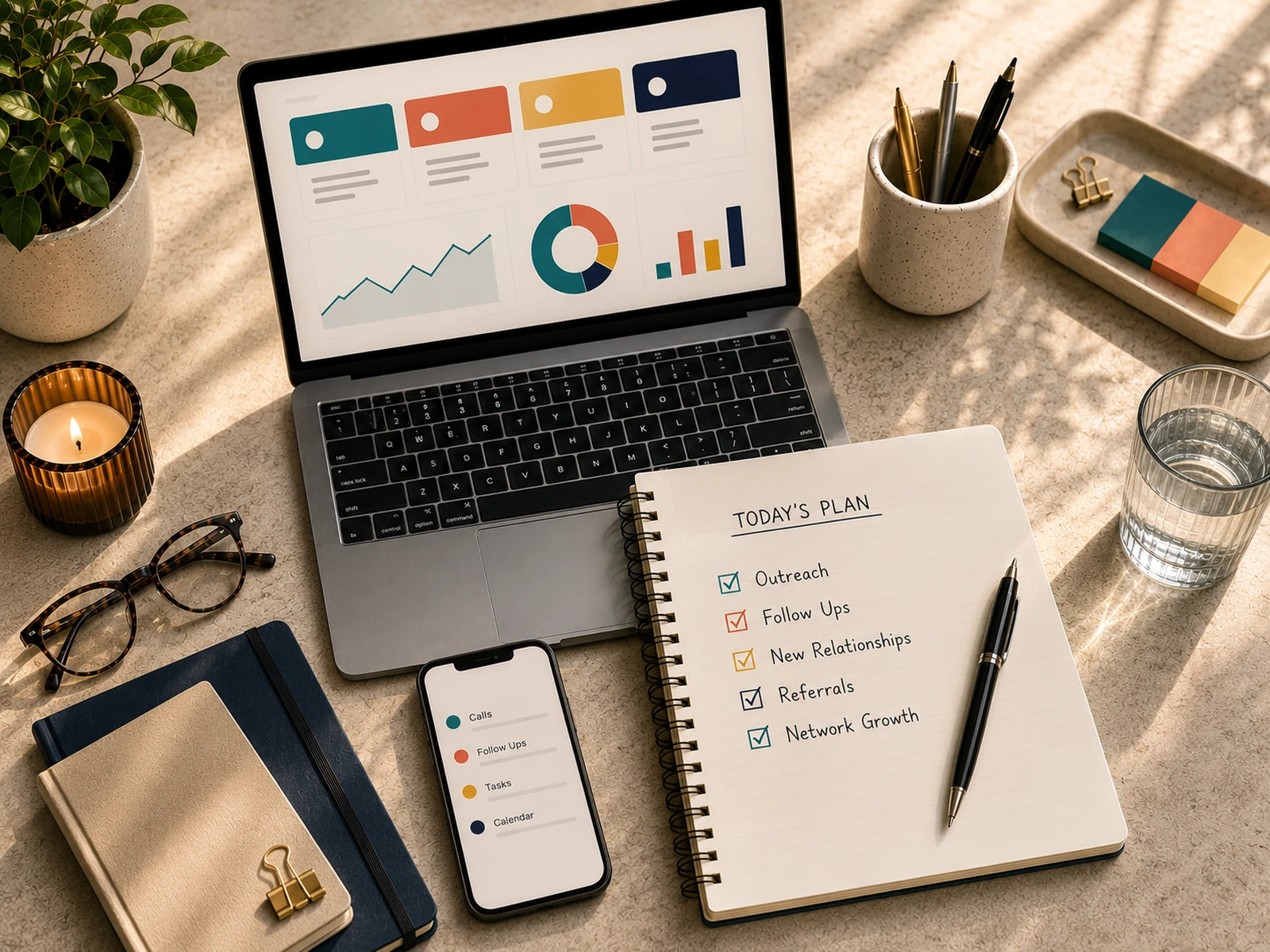 A dedicated team's daily plan — outreach, follow-ups, new relationships, referrals, and network growth — on a notebook beside a laptop dashboard, phone, and tidy workspace